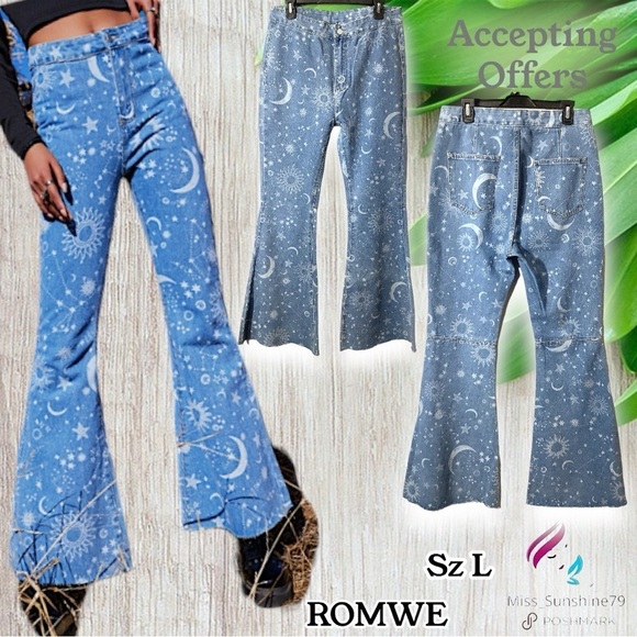 ROMWE Denim - ROMWE - Sz L (see measurements) - 14” bell bottom sun moon stars Hi Rise Jeans